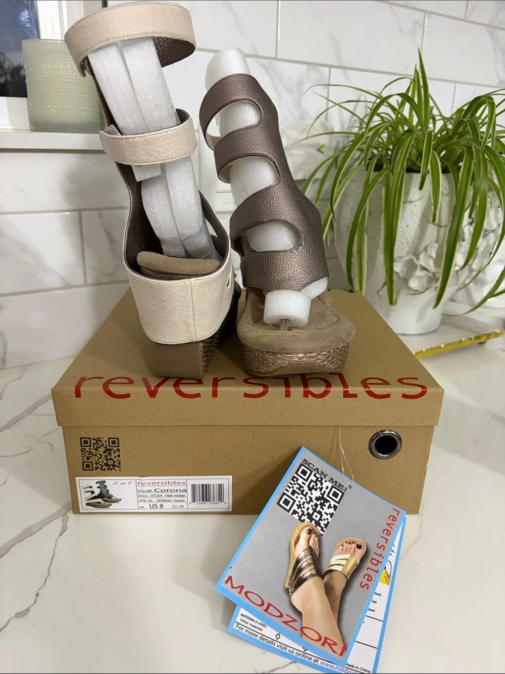 Modzori Reversibles Wedge Sandals in Metallic Bronze or Pewter and off white/crm